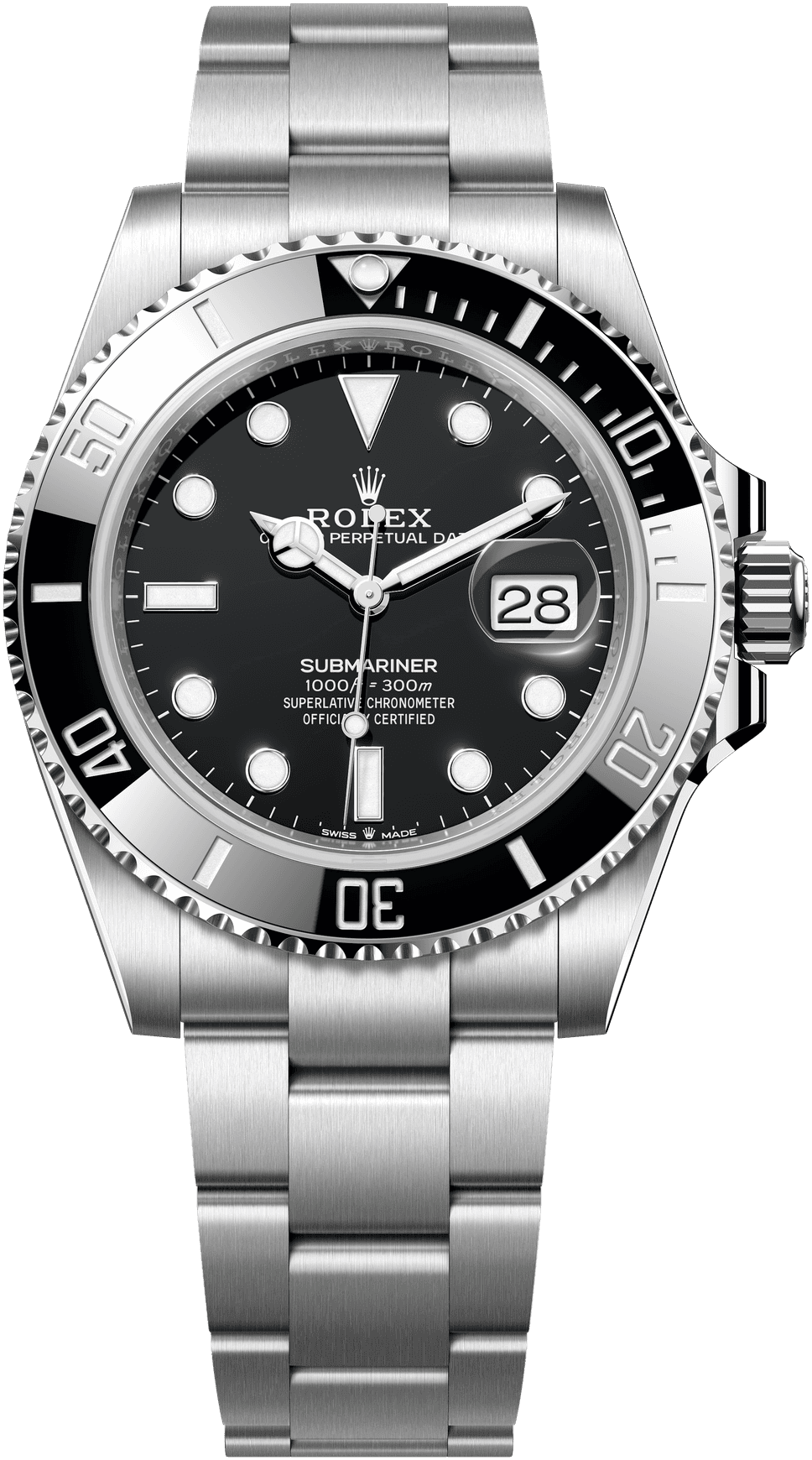 Rolex Submariner Date reference 126610LN with black bezel, black dial, Oystersteel bracelet and date window with Cyclops lens; model illustration only